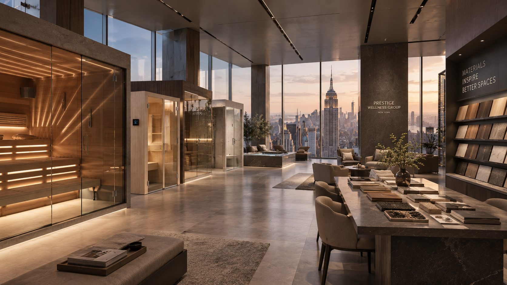 The showroom: saunas, a material library and a view of the Empire State Building