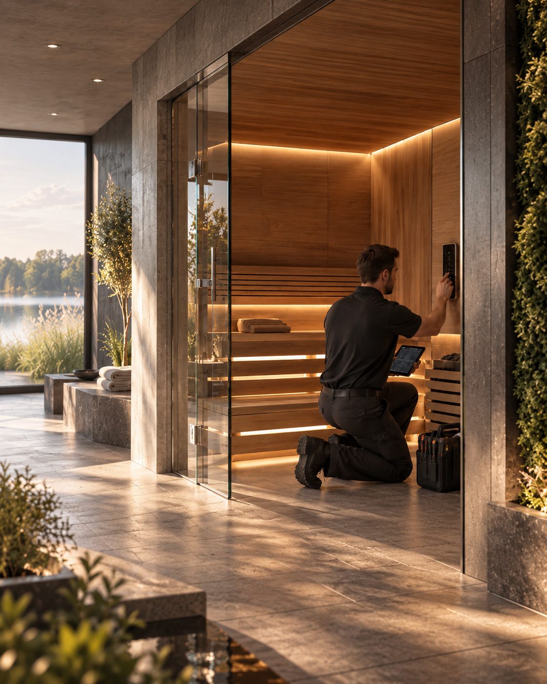 A technician kneels inside a glass-fronted sauna, setting its wall-mounted control panel with a tablet in hand.