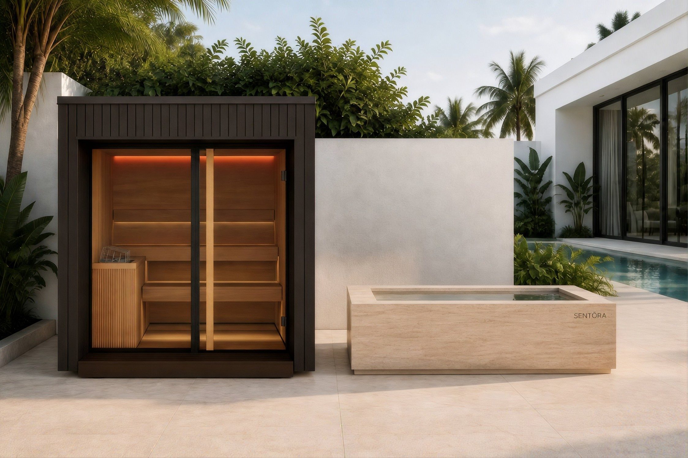 A garden terrace with a wooden sauna cabin and a stone cold plunge beside a pool.