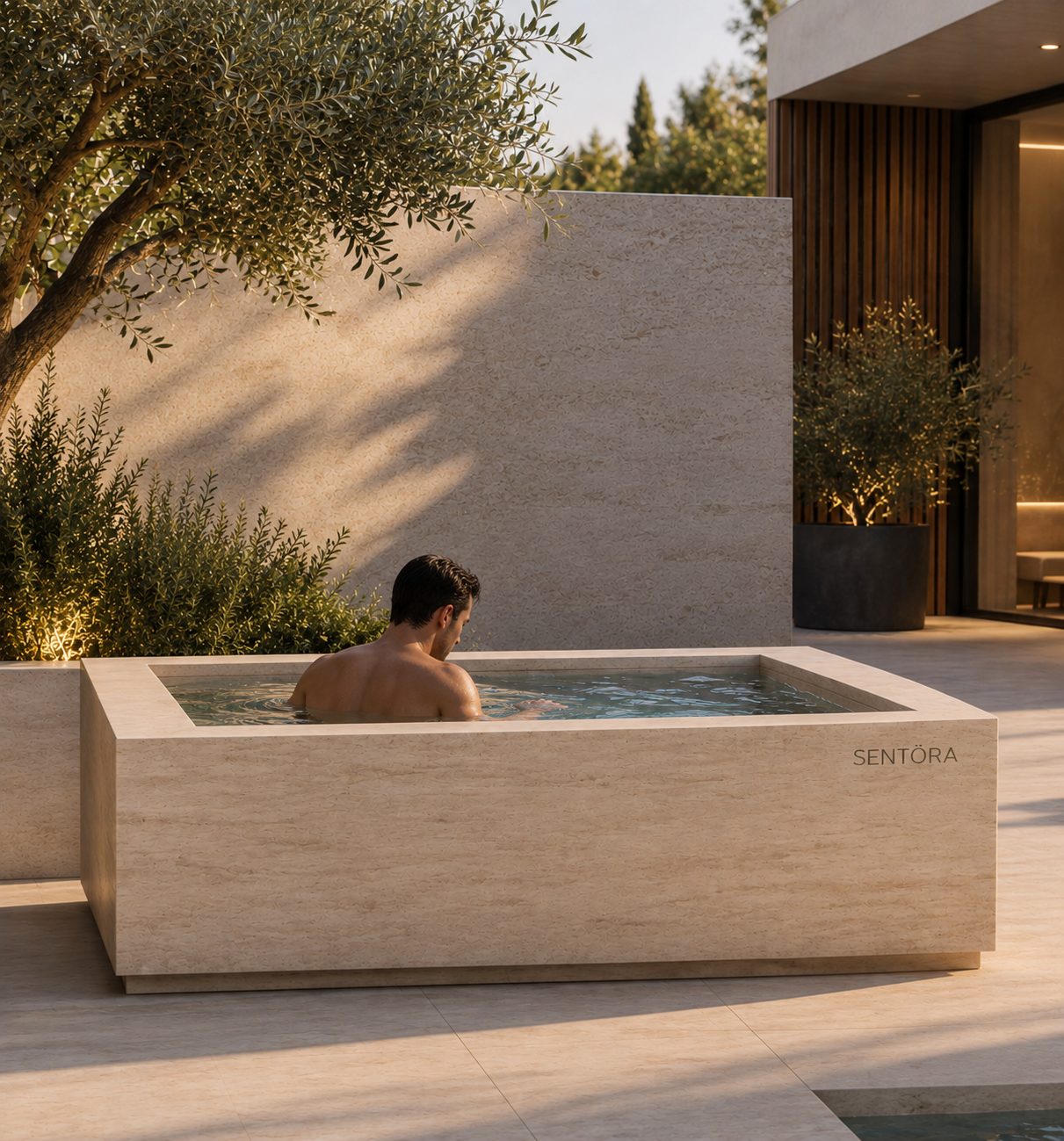A man in a stone cold plunge on a terrace among olive trees.