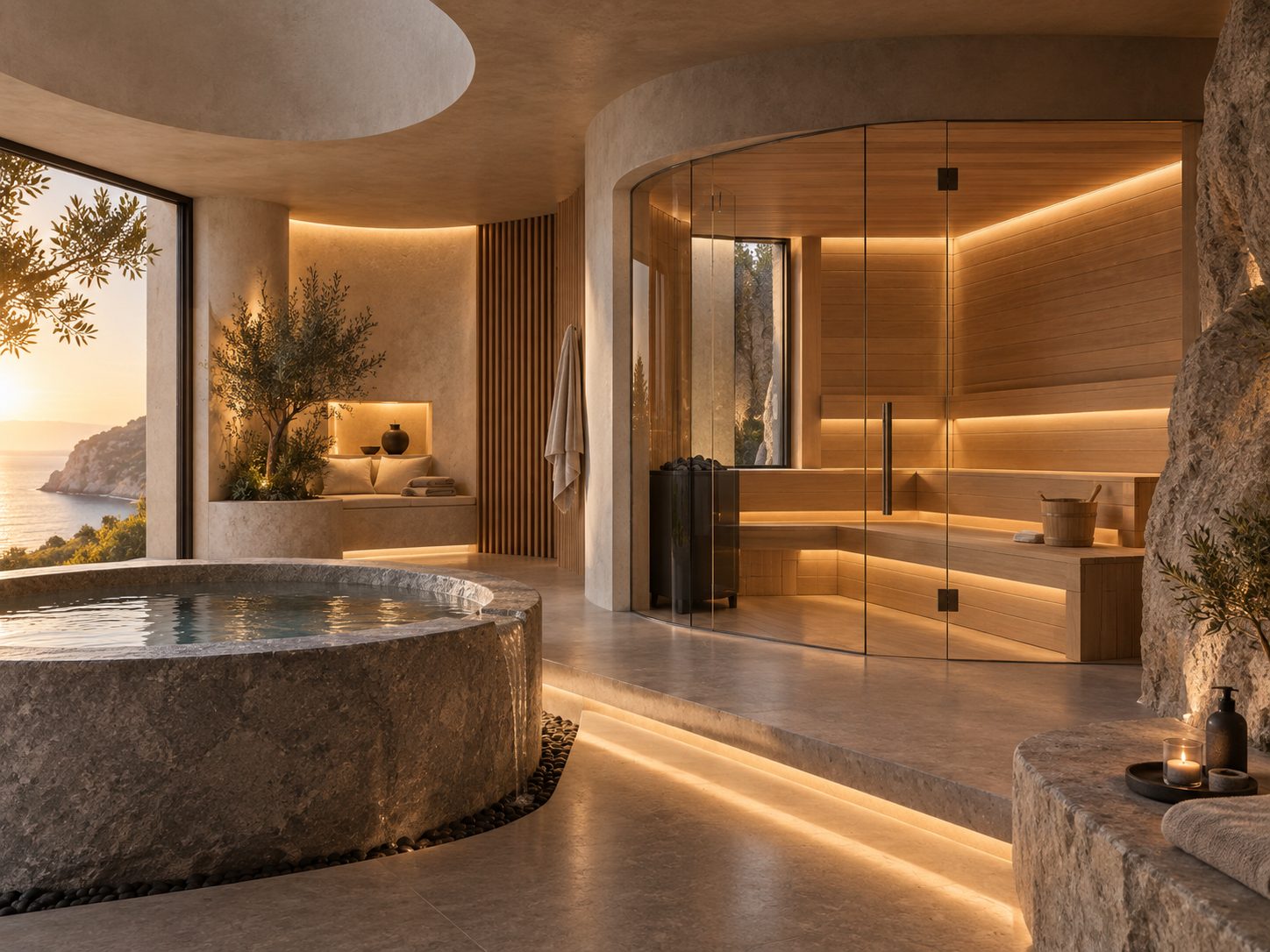 A round stone hot tub and a glass-fronted sauna in a cliffside wellness suite.