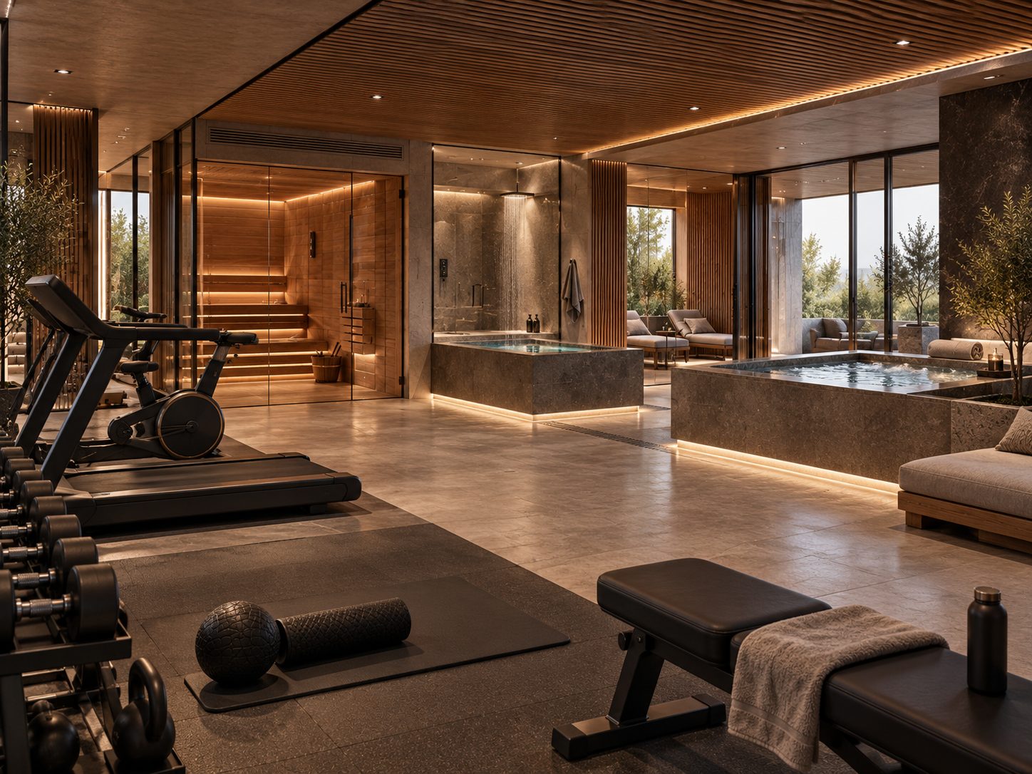 Treadmill and exercise bike in front of a sauna and a plunge pool