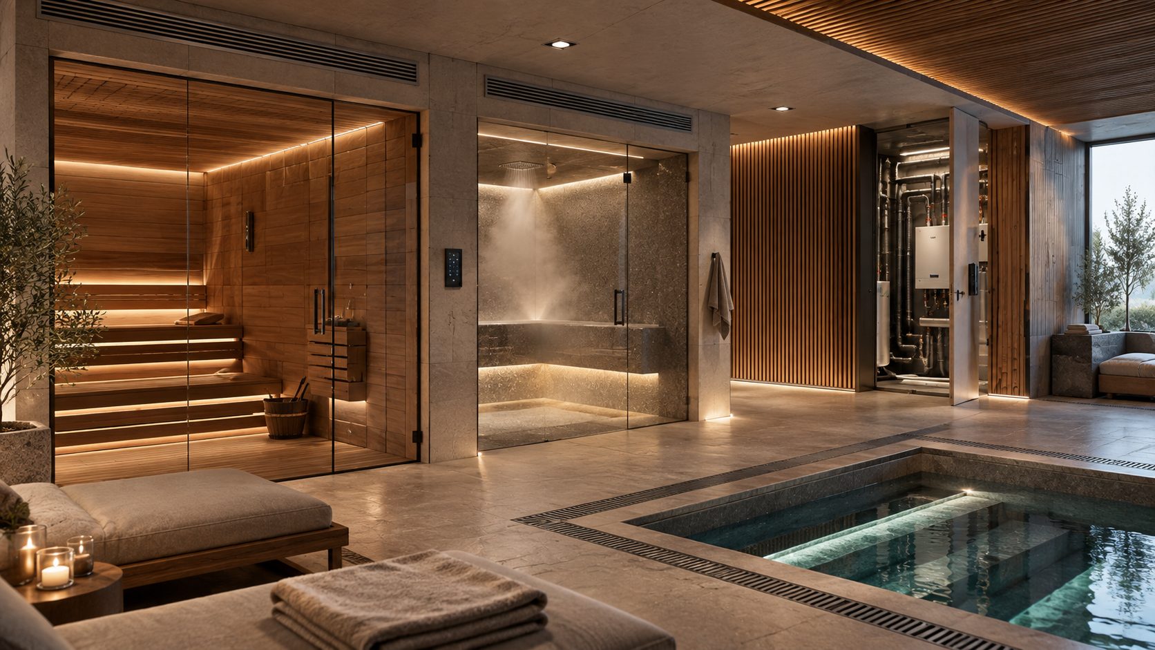 Steam room beside an open plant room with its pipework and steam generator