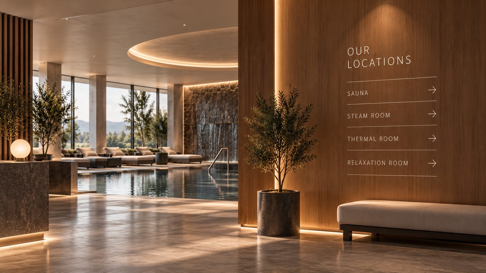 Spa lobby with a wayfinding sign to the sauna, steam room, thermal room and relaxation room