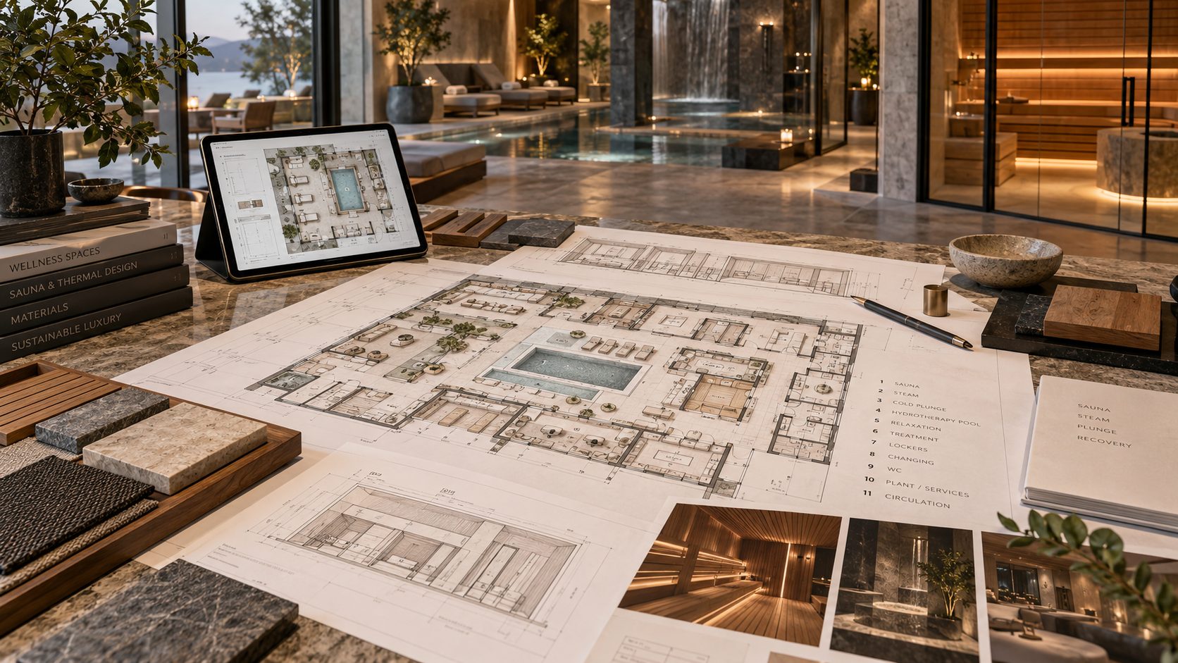 Spa floor plans on a tablet and on paper, beside an indoor pool