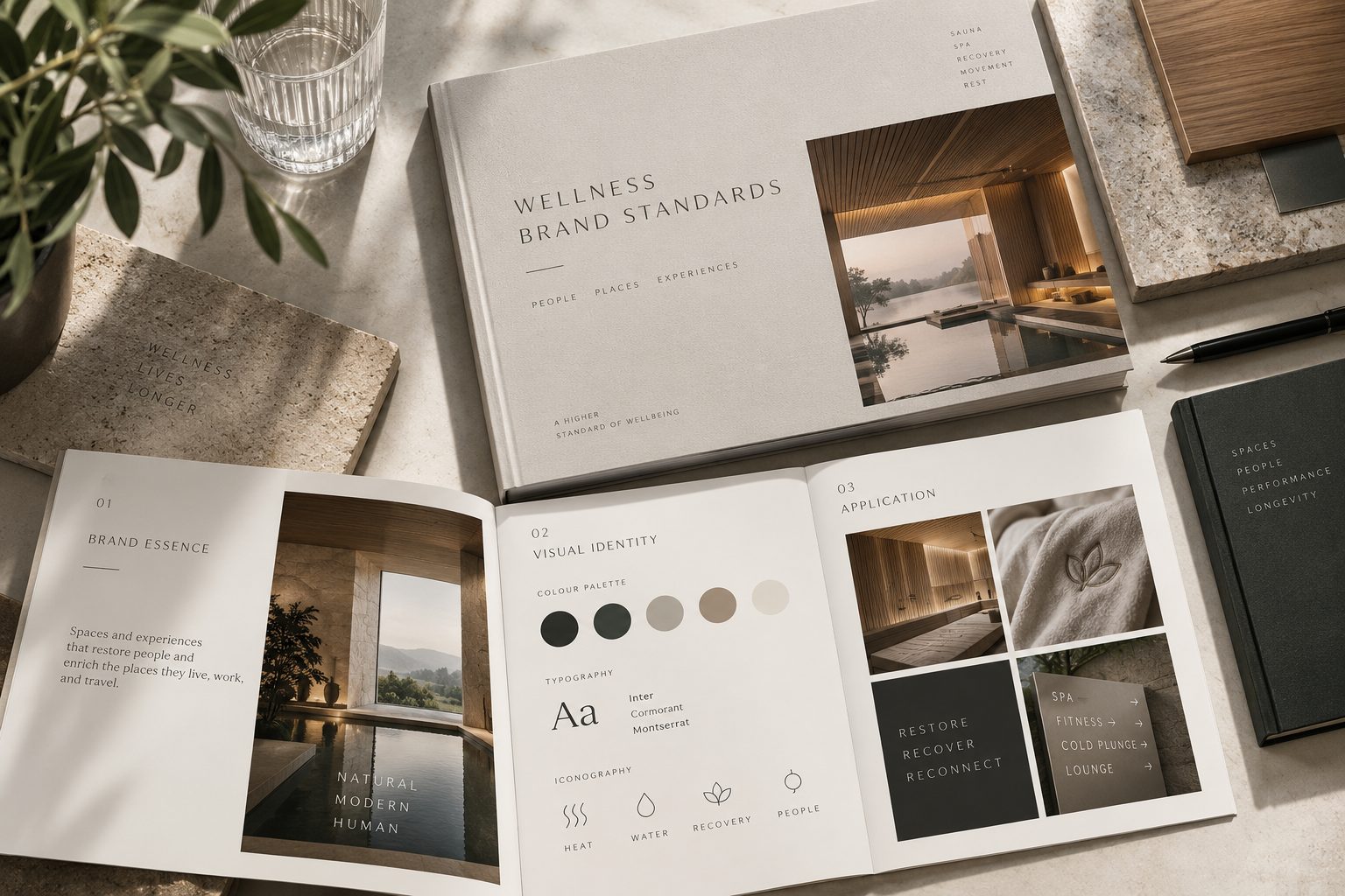 A wellness brand standards book with stone and wood samples
