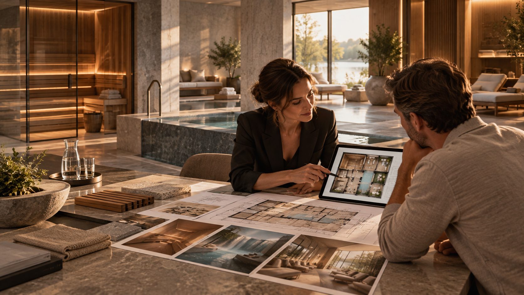 Two designers review spa plans and material samples on a tablet