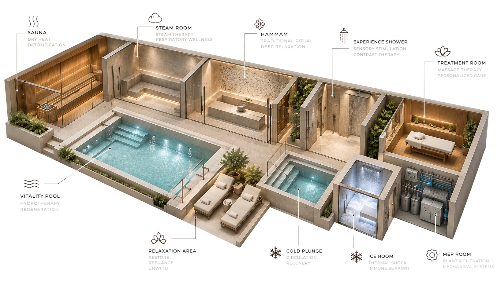 Cutaway of a wellness suite: sauna, steam room, hammam, experience shower, treatment room, vitality pool, relaxation area, cold plunge, ice room and MEP room.