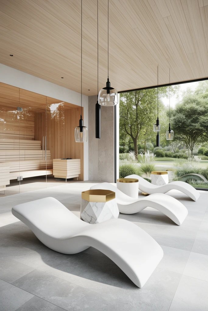 Relaxation lounge with sculpted white loungers beside a sauna, open to a garden