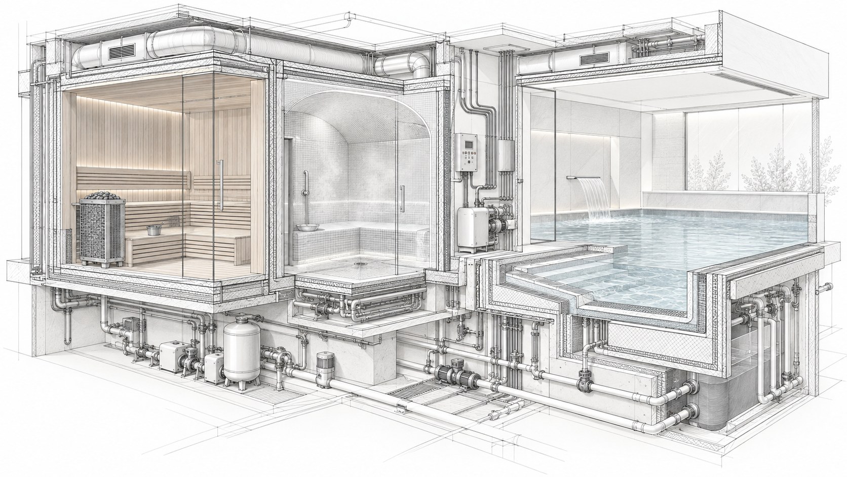 Cutaway drawing of a sauna and a steam room with the pipework, pumps and tanks beneath them