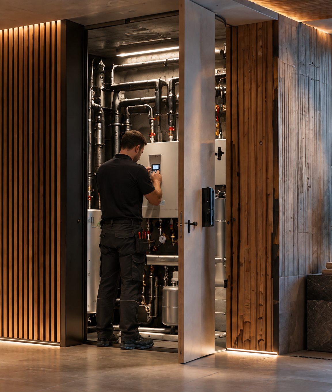 Technician at a control panel in an open plant room behind a wood-clad door