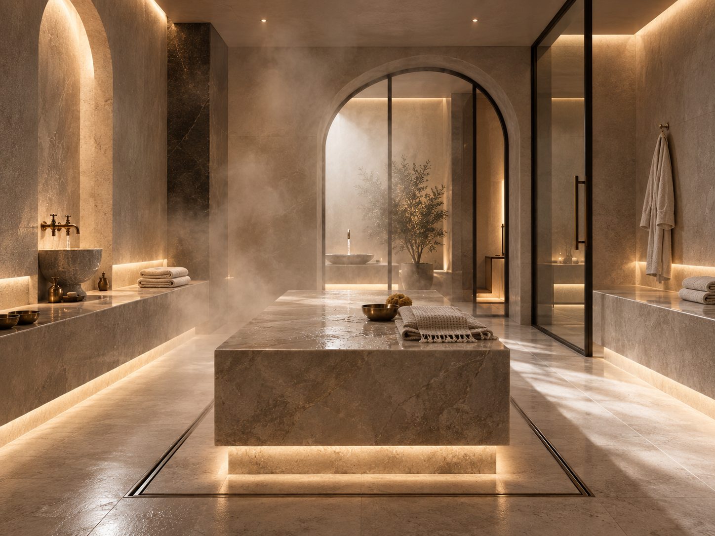 A marble hammam with a heated central platform, arched niches and warm lighting.