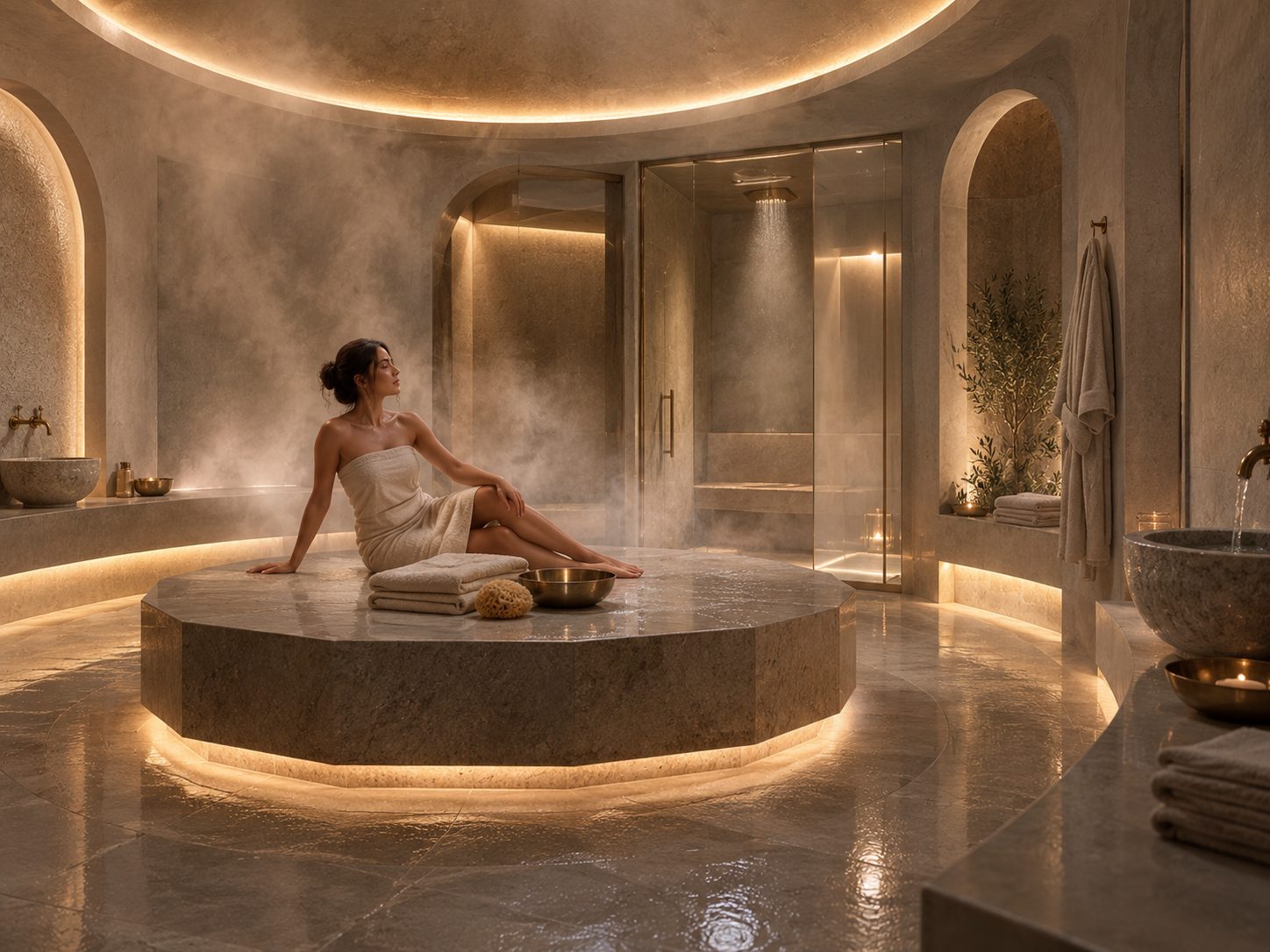 A woman resting on the round heated platform of a domed marble hammam.
