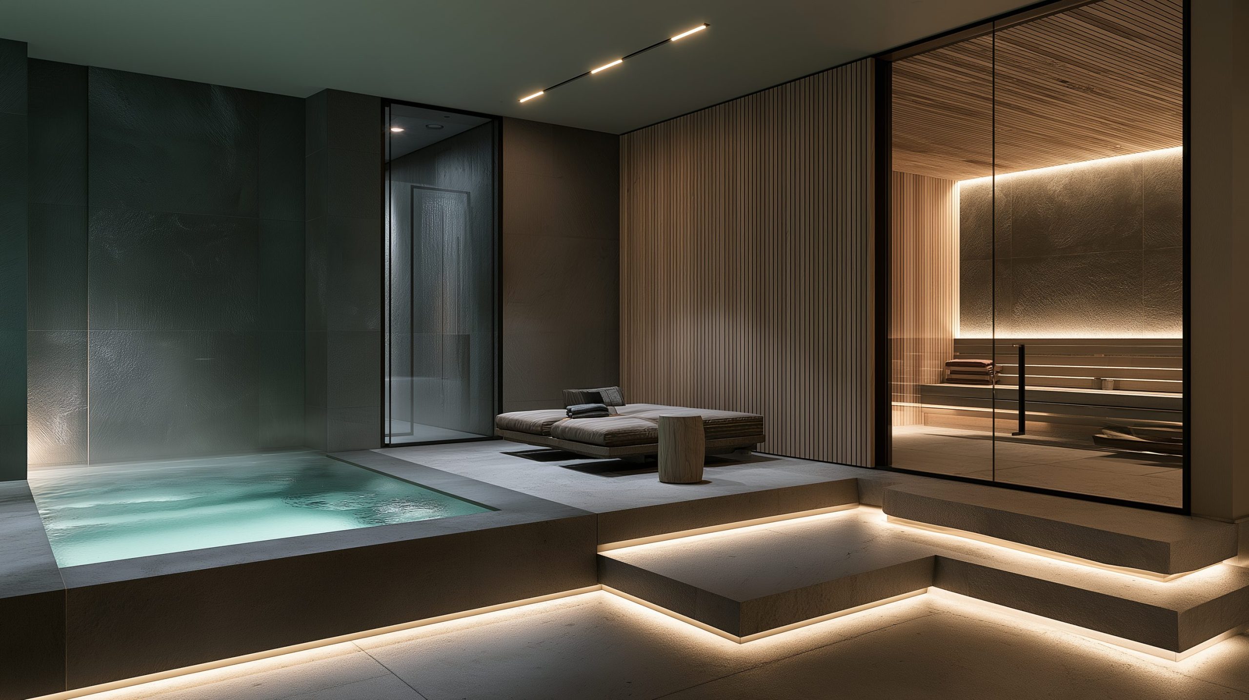 A wellness suite with a plunge pool, loungers and a glass-walled sauna lit from within.