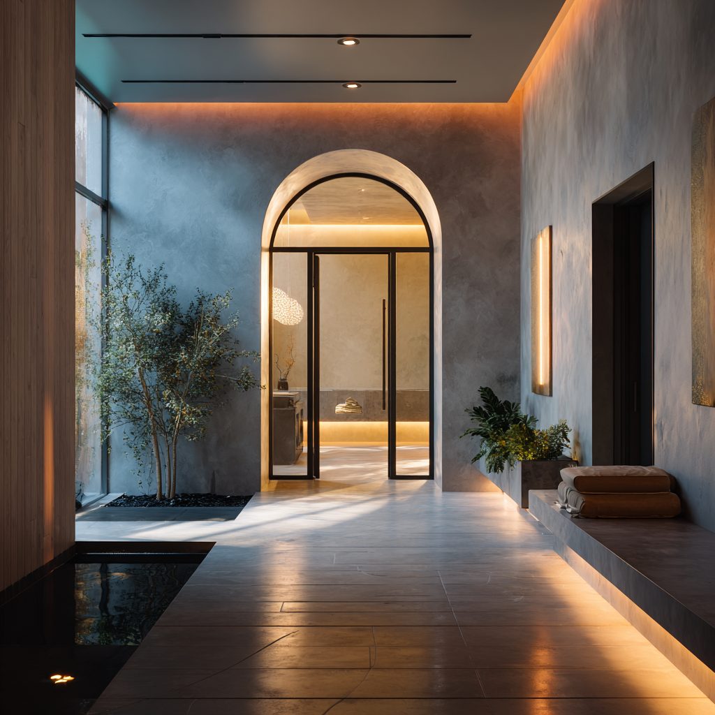 Arched entrance to a minimal hotel spa