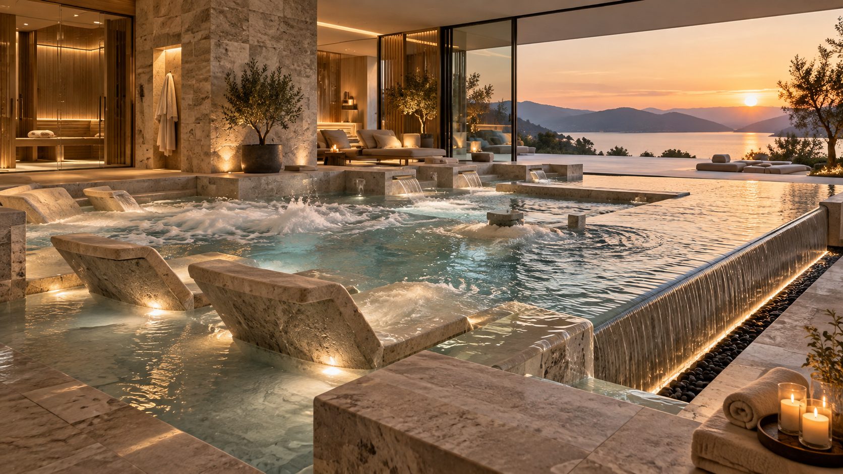 Hydrotherapy pools with water loungers on a terrace overlooking the sea at sunset.