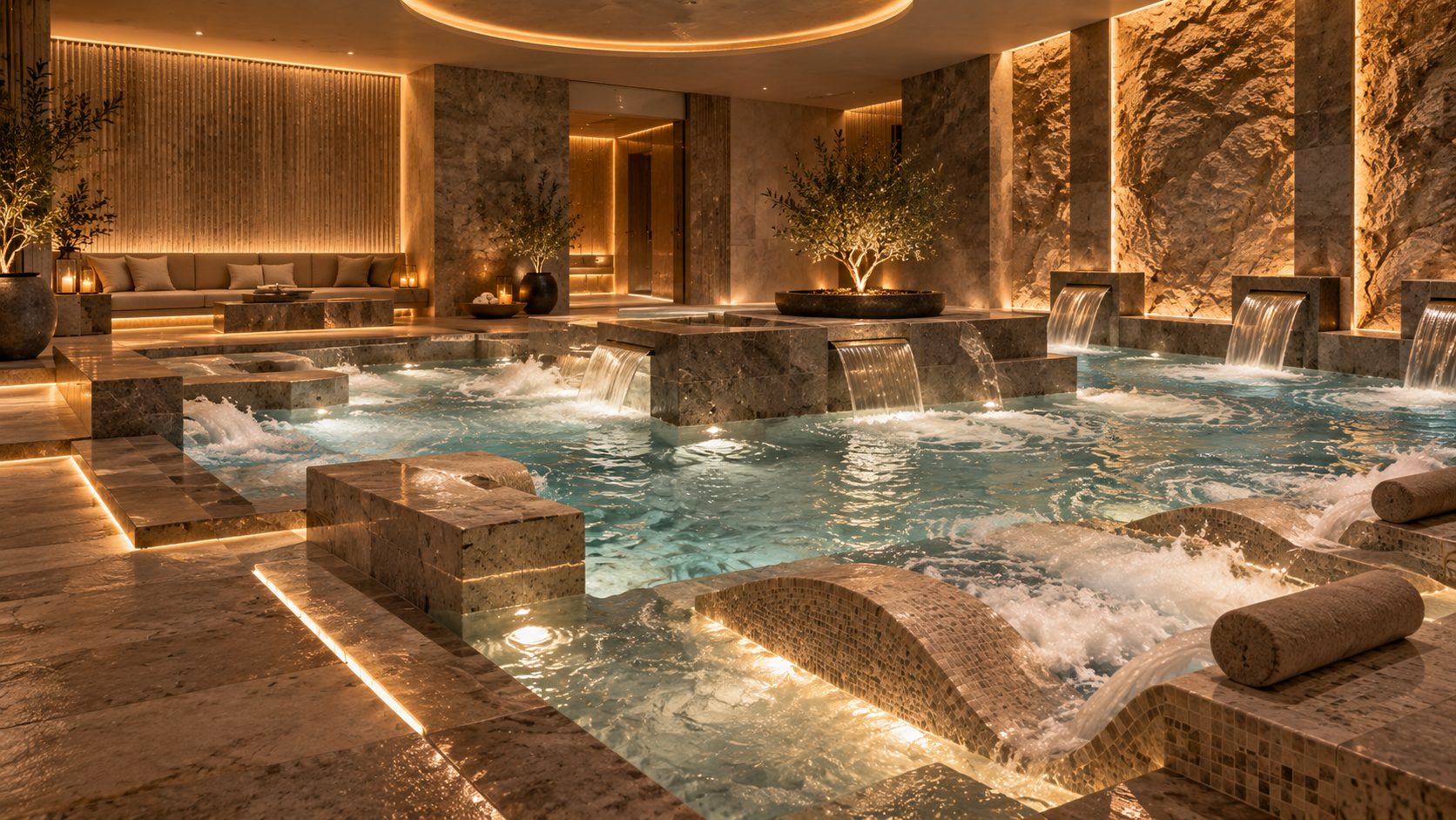 A hydrotherapy pool with water loungers and warm lighting.