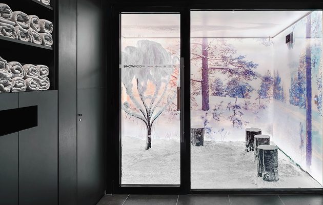 A snow room behind glass, with snow-covered trees and stools, beside a shelf of towels.