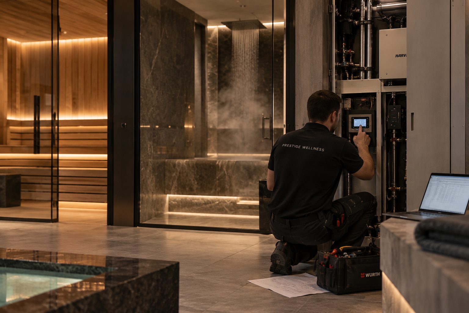 Technician commissioning a steam room's controls, kneeling with a laptop