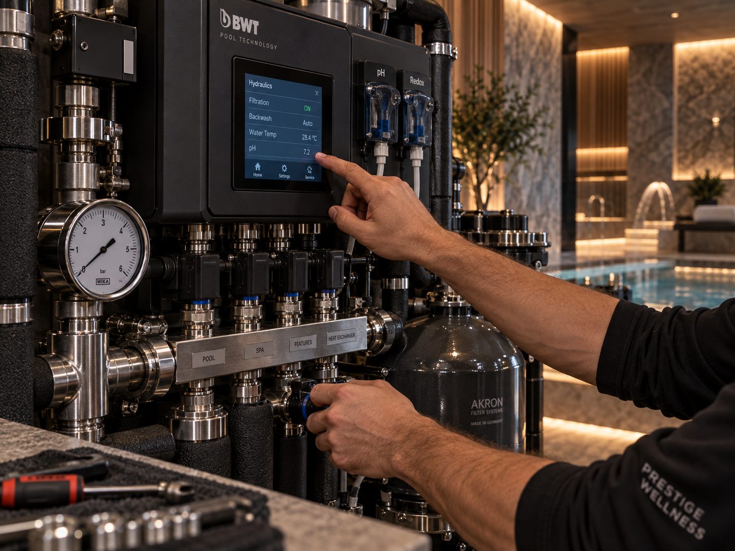 Hand setting a water-treatment control panel above valves and a pressure gauge