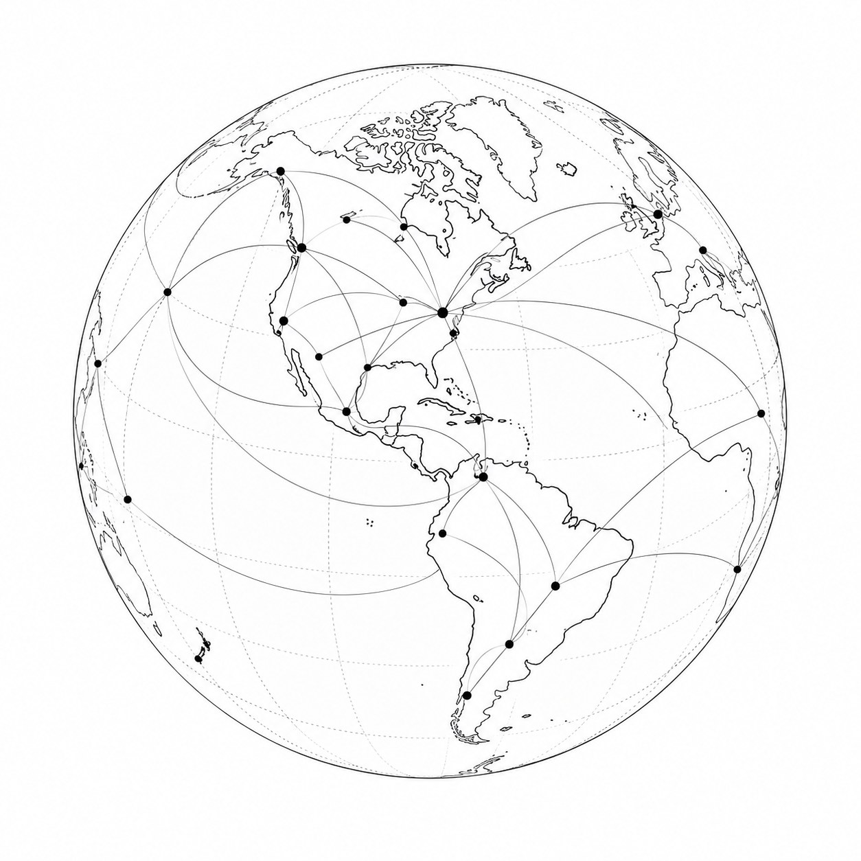 Line drawing of a globe with routes linking locations across the Americas