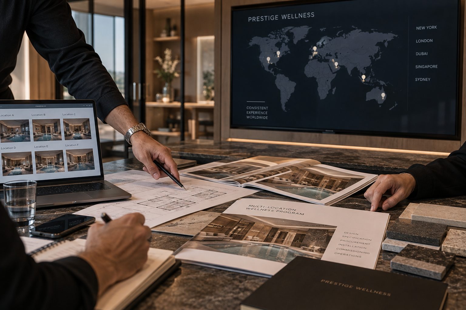 Hands over spa plans and a laptop, with a map of locations on a screen behind
