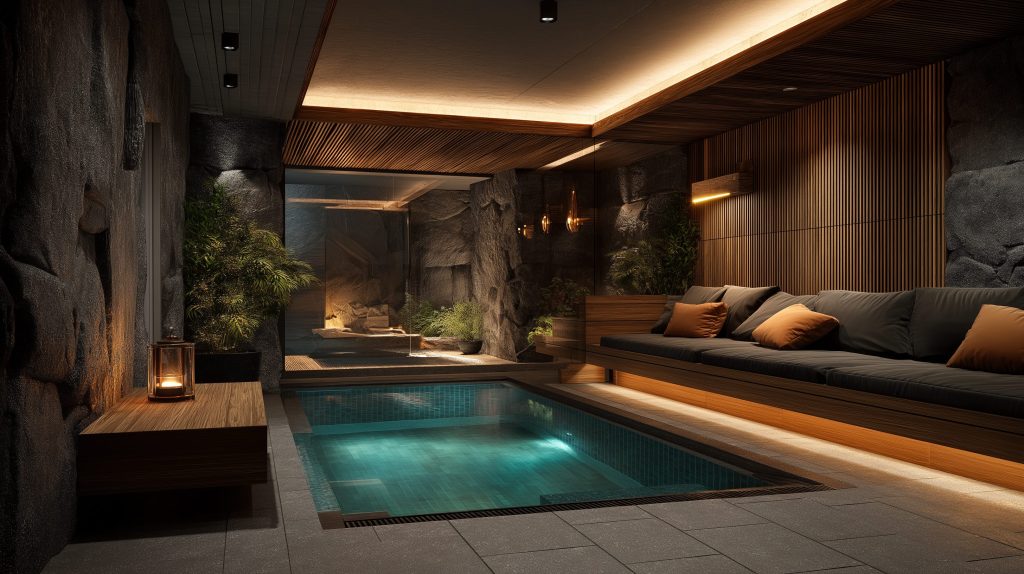 Private house sauna beside an indoor pool