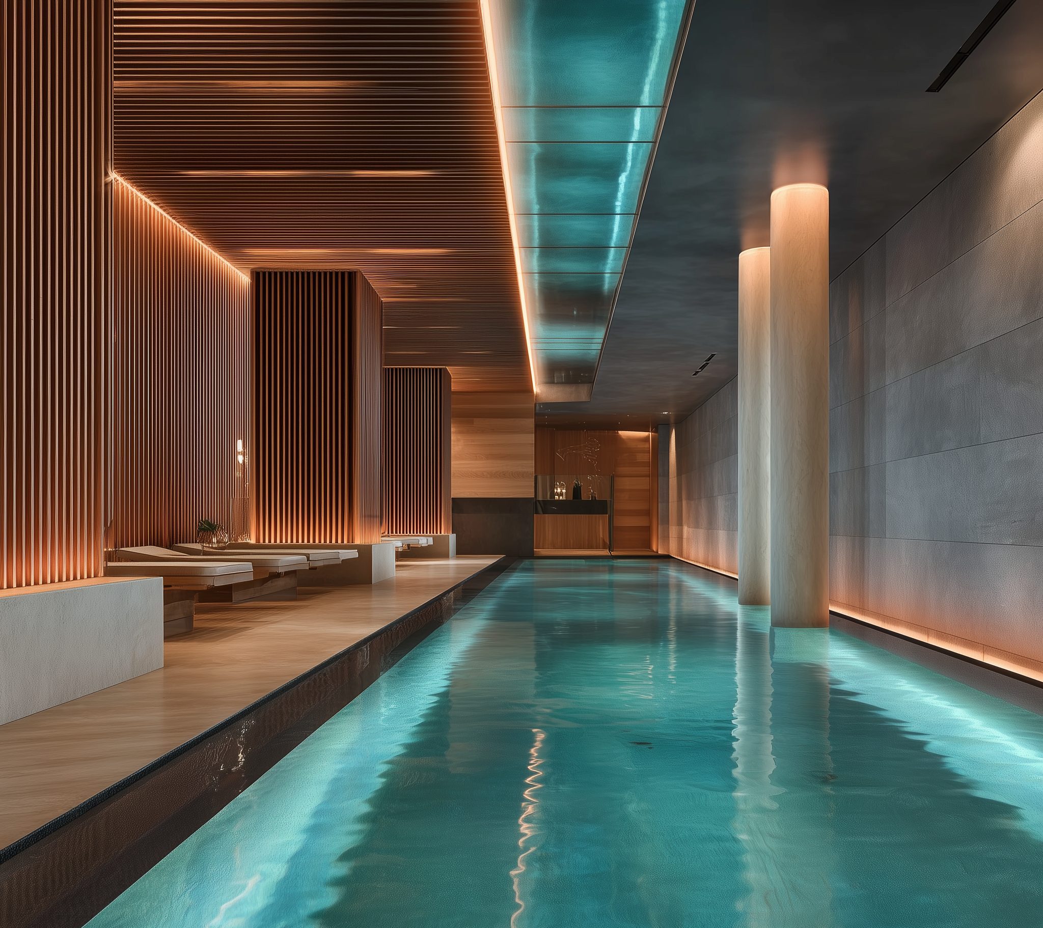A long indoor pool lit from the ceiling, lined with timber walls and loungers.