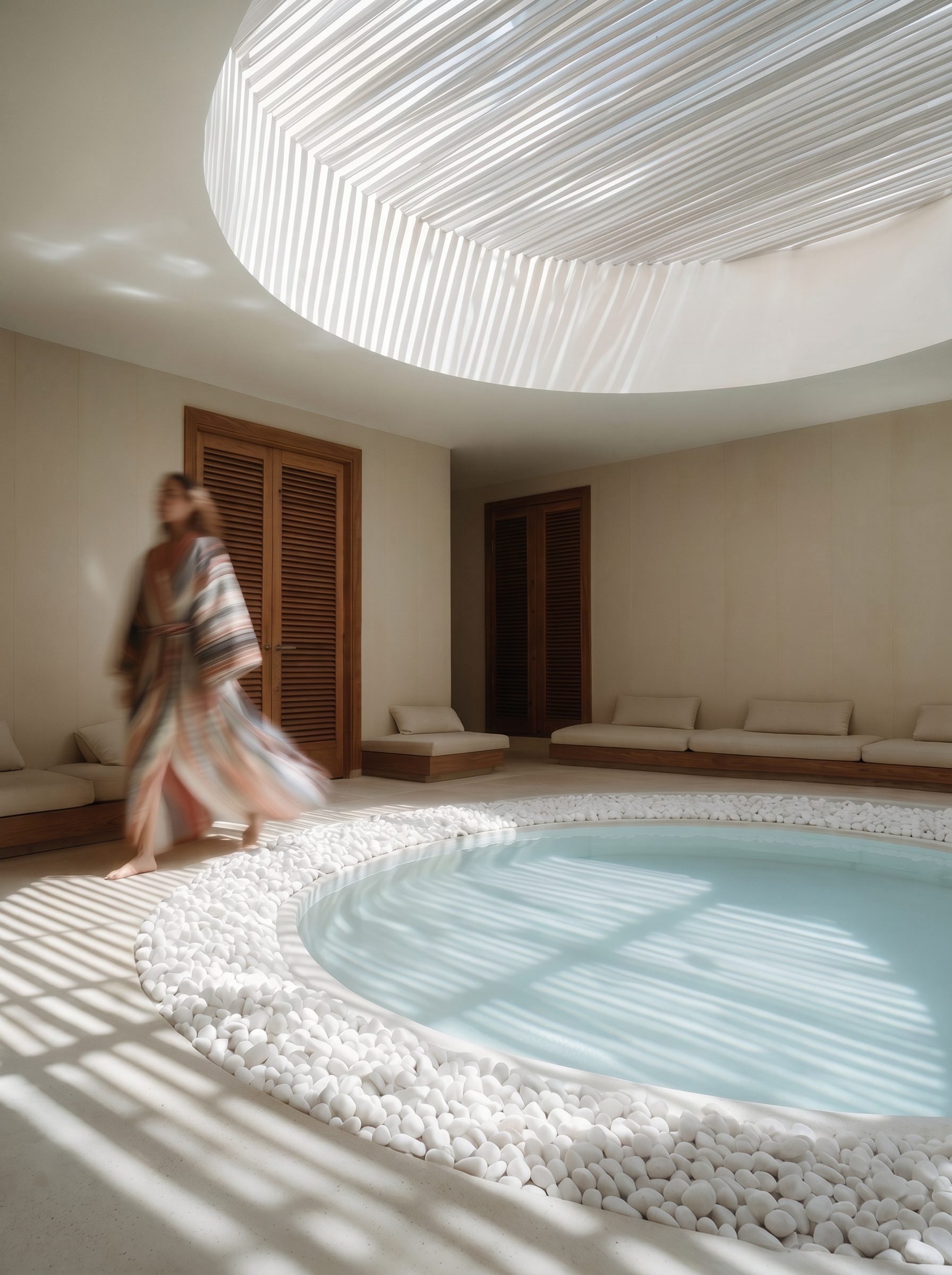 A woman walking past a round pool edged with white pebbles under a skylight.
