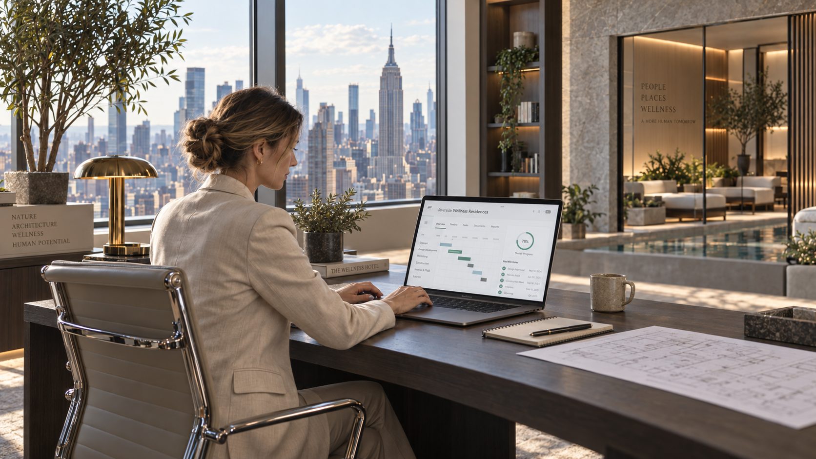 Project manager reviewing a schedule on a laptop in an office overlooking Manhattan