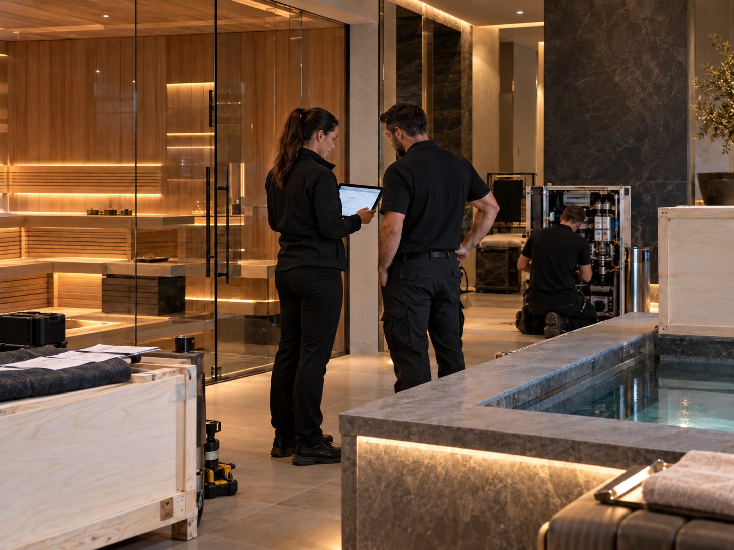 Two project team members with a tablet beside a sauna under construction