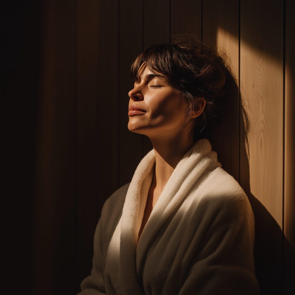Woman relaxing in a wooden home sauna