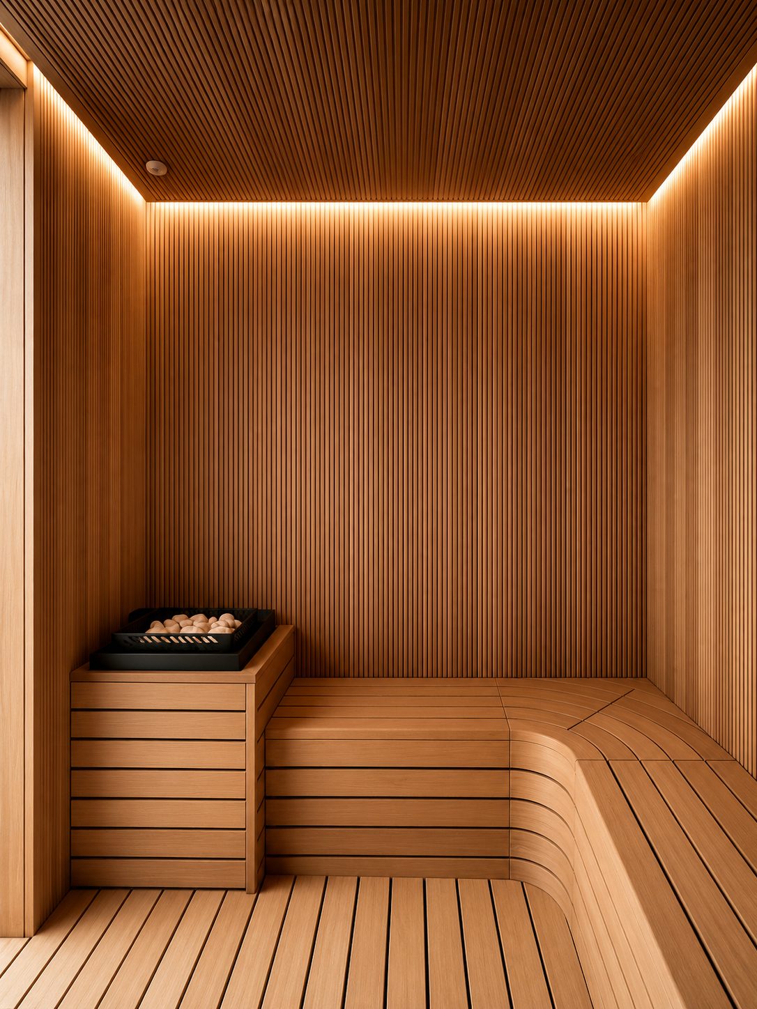 A wood-lined sauna with slatted benches, a stone heater and warm cove lighting.