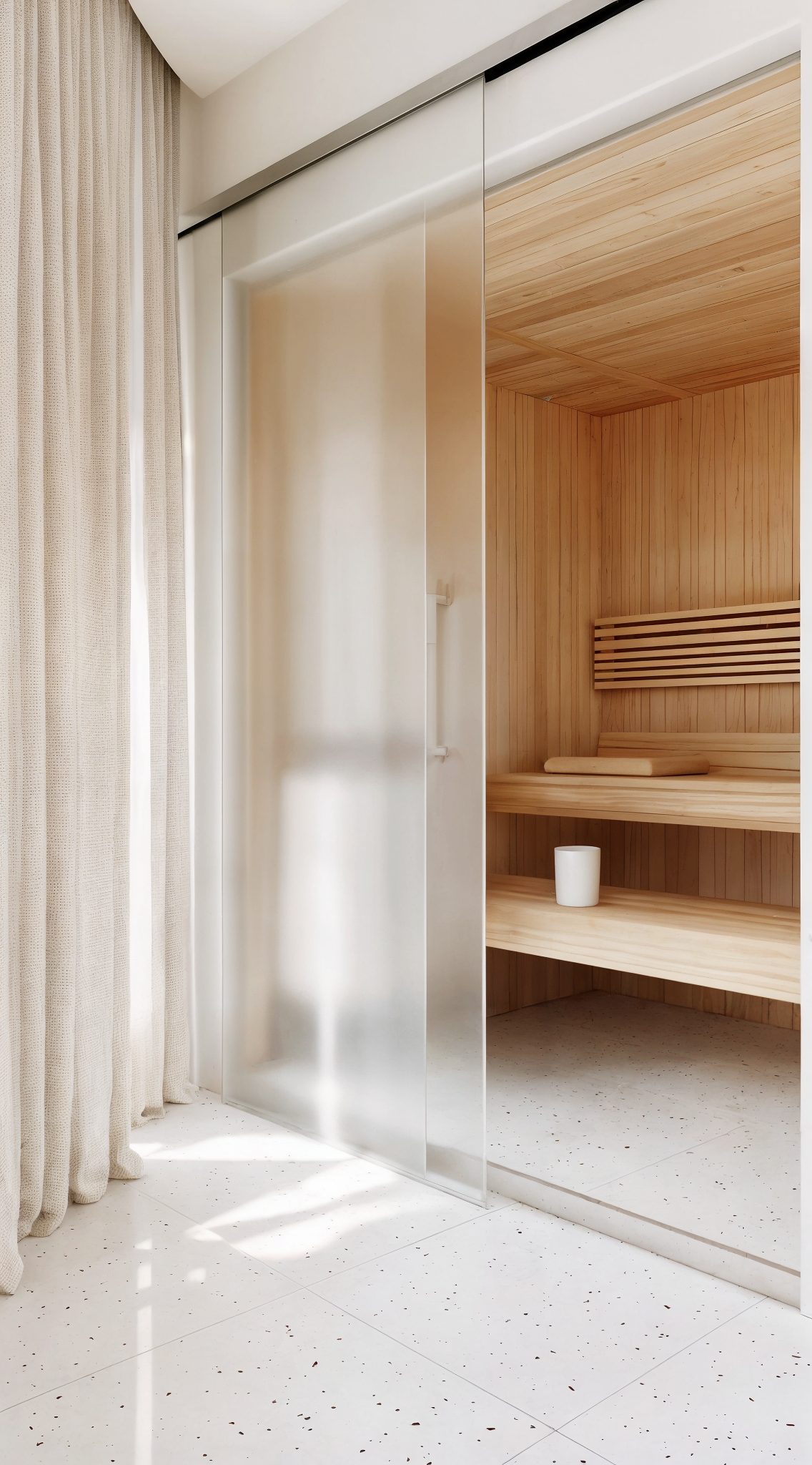 A pale wood sauna behind a frosted sliding glass door, beside sheer curtains.