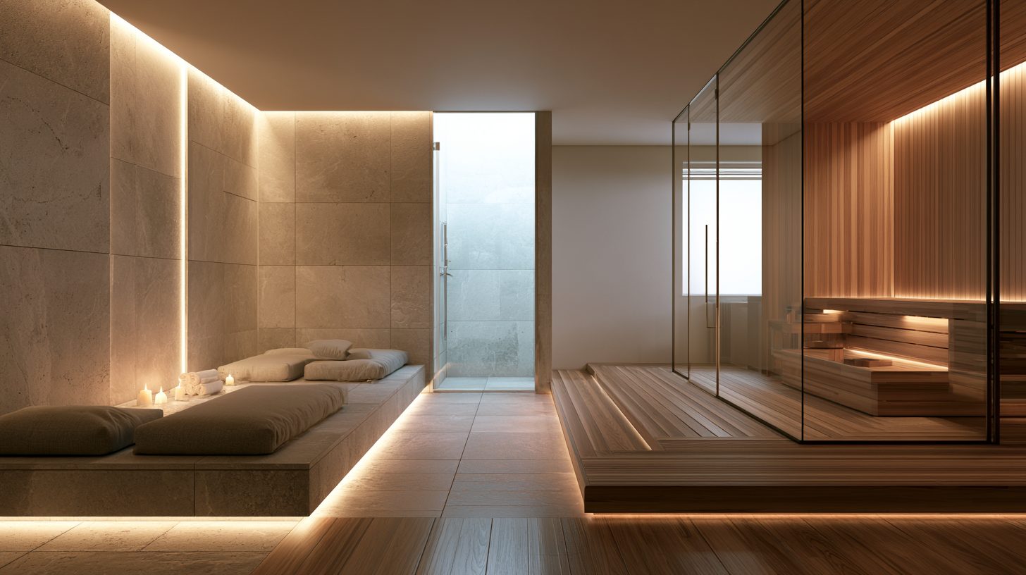 A lounge with low daybeds beside a glass-walled sauna with lit benches.