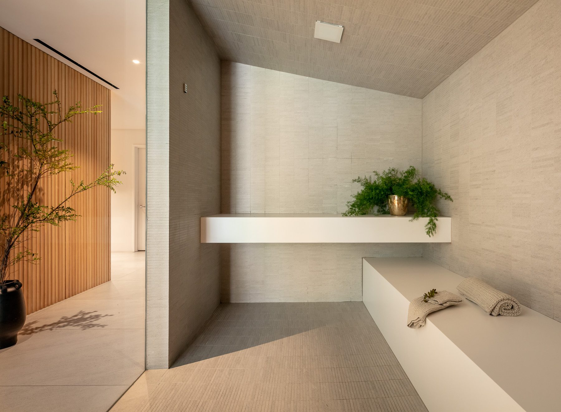 A minimal steam room in pale stone, with a long bench, plants and a wood-panelled wall.